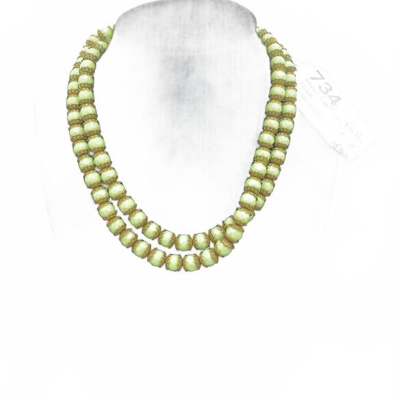 Antique Giuliano Fratti Beaded Green Glass Necklace with Brass Findings